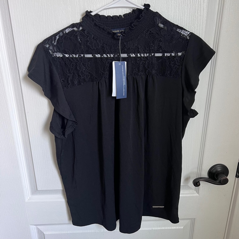 Adrienne Vittadini Black Lace Yoke Flutter Sleeve Smocked Mock Neck Top Large